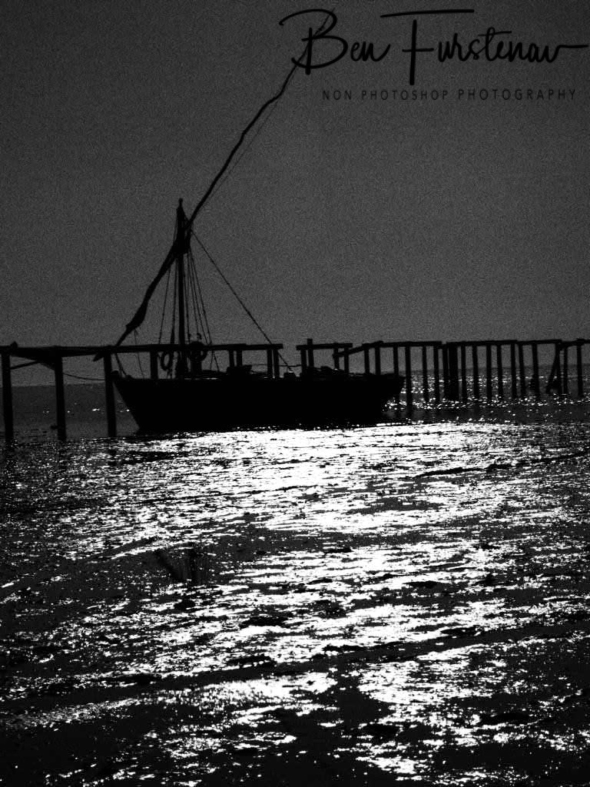 Dhow in shallow waters, Black and white, Santa Maria, Machangulo Peninsula 
