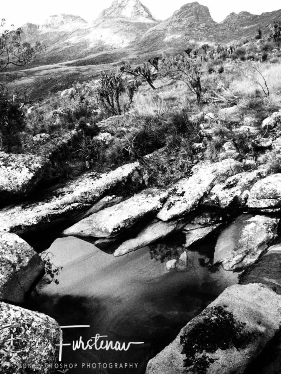 Creek and Mulanje Mountains in Black and white, Malawi 