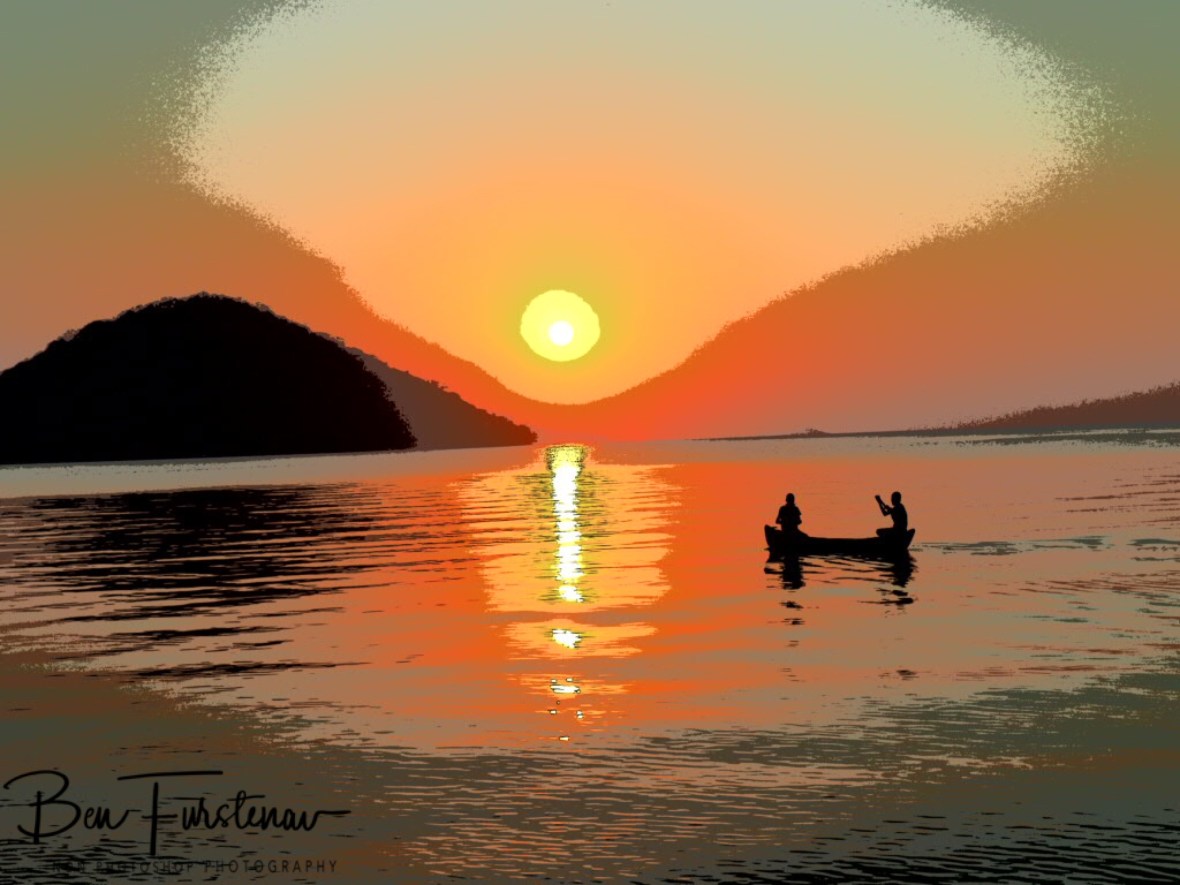 Banana boat fisherman passing by in Chembe, Cape Maclear, Lake Malawi, Malawi