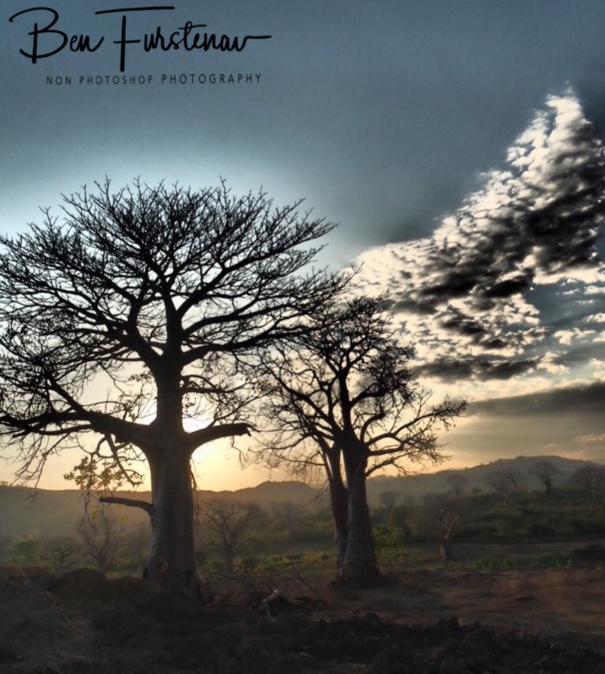 Low setting sun over dry land, Mwanza Region, Malawi 