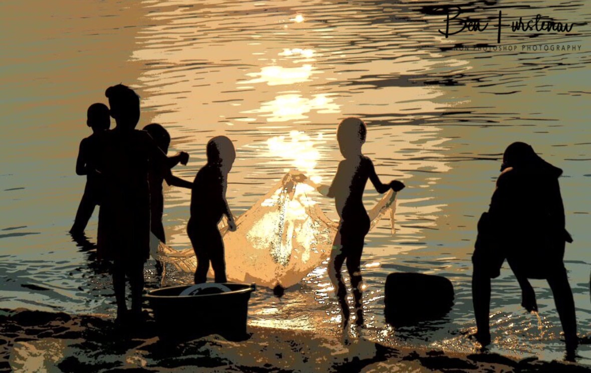 Kids in paintings at sunset in Chembe, Cape Maclear, Lake Malawi, Malawi