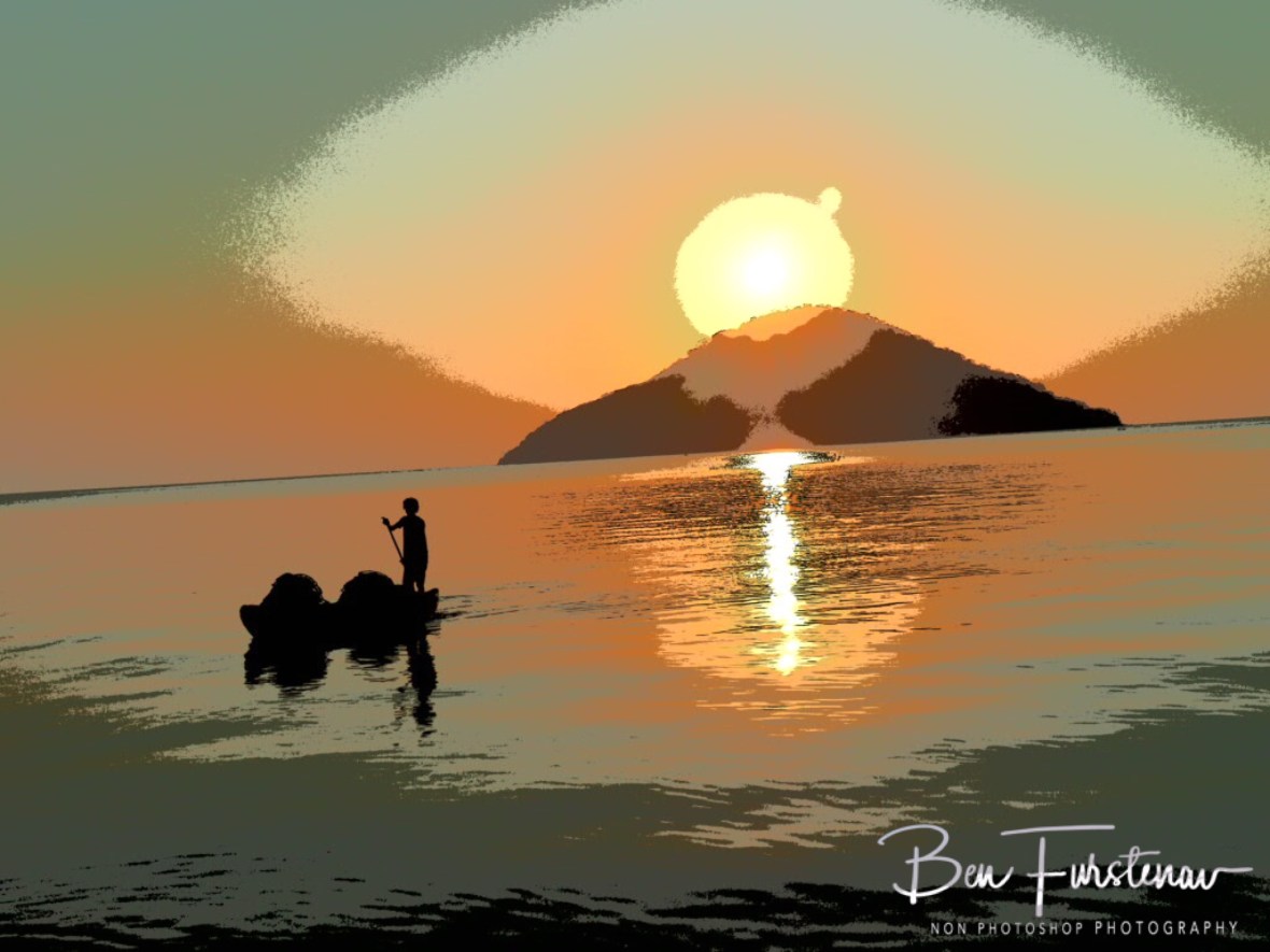 Banana boat fisherman in paintings with eye in the sky in Chembe, Cape Maclear, Lake Malawi, Malawi