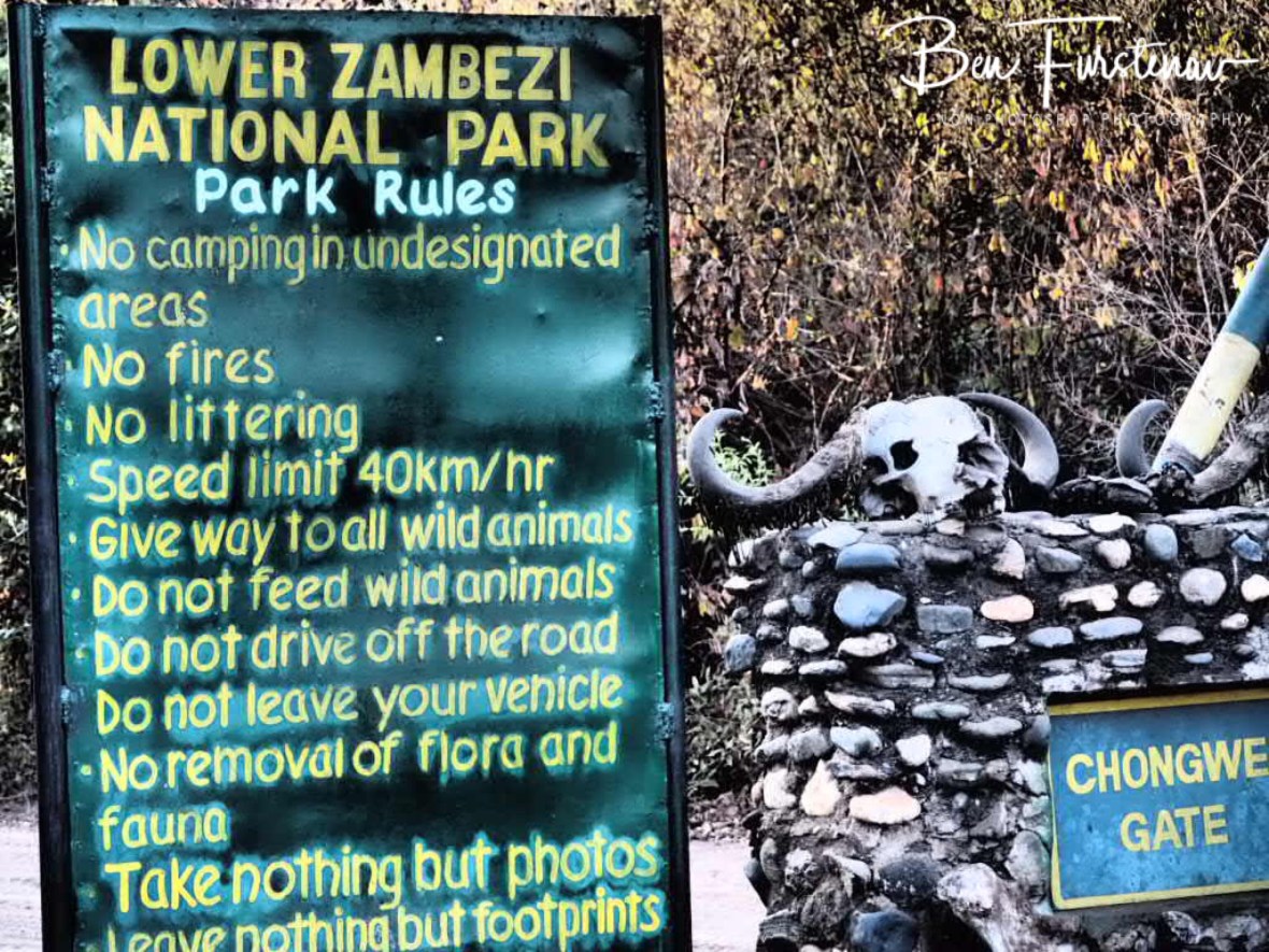 Park rules and warnings, Lower Zambezi National Park, Zambia