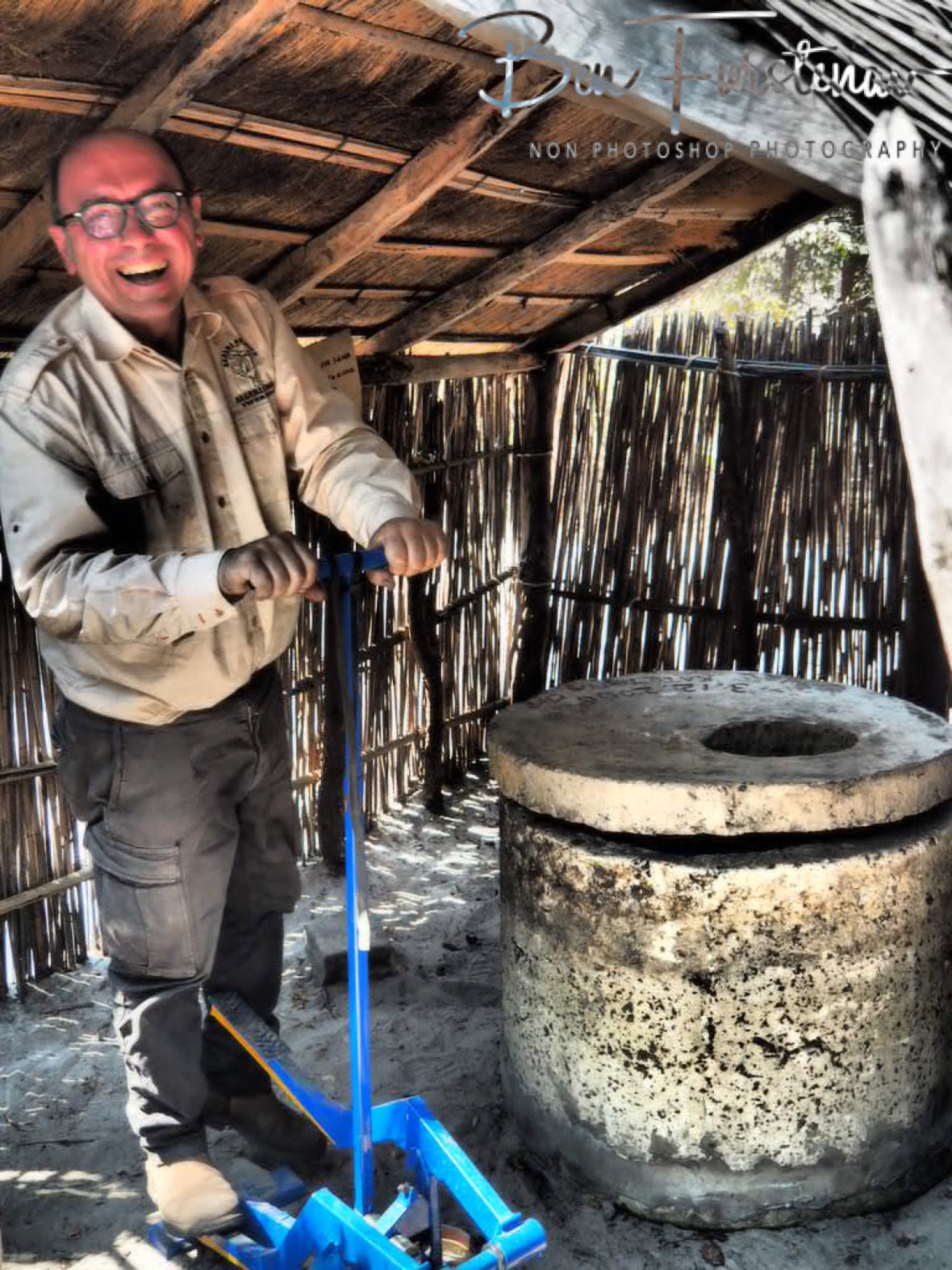 Claudio’s workout to get water pumping, Liuwa Plains National Park, Zambia