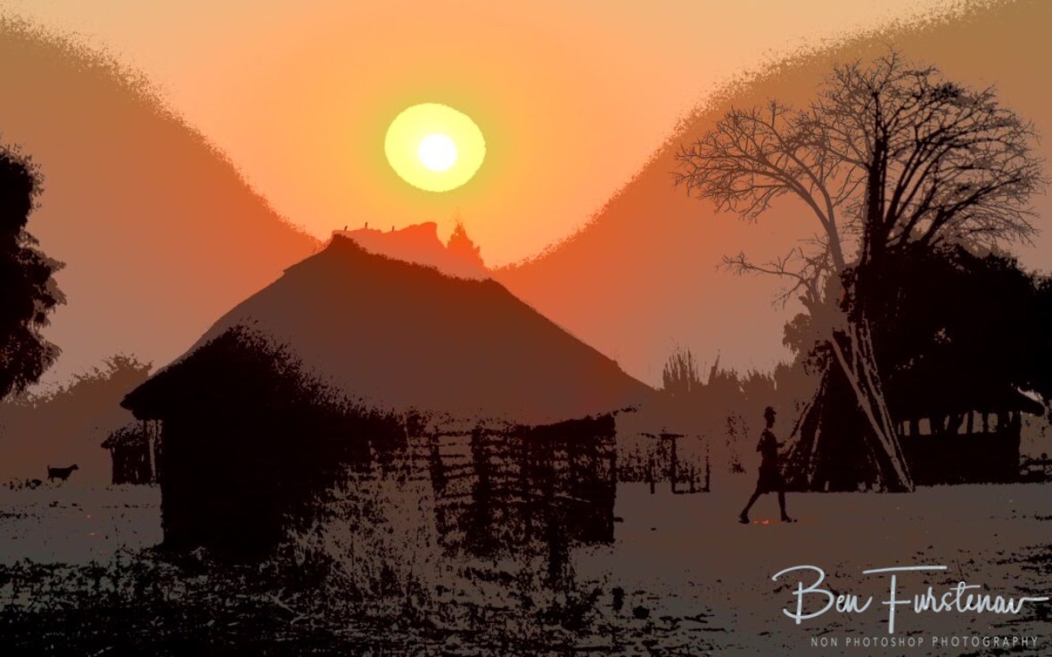 Sun is setting low near Lukulu, Zambia 