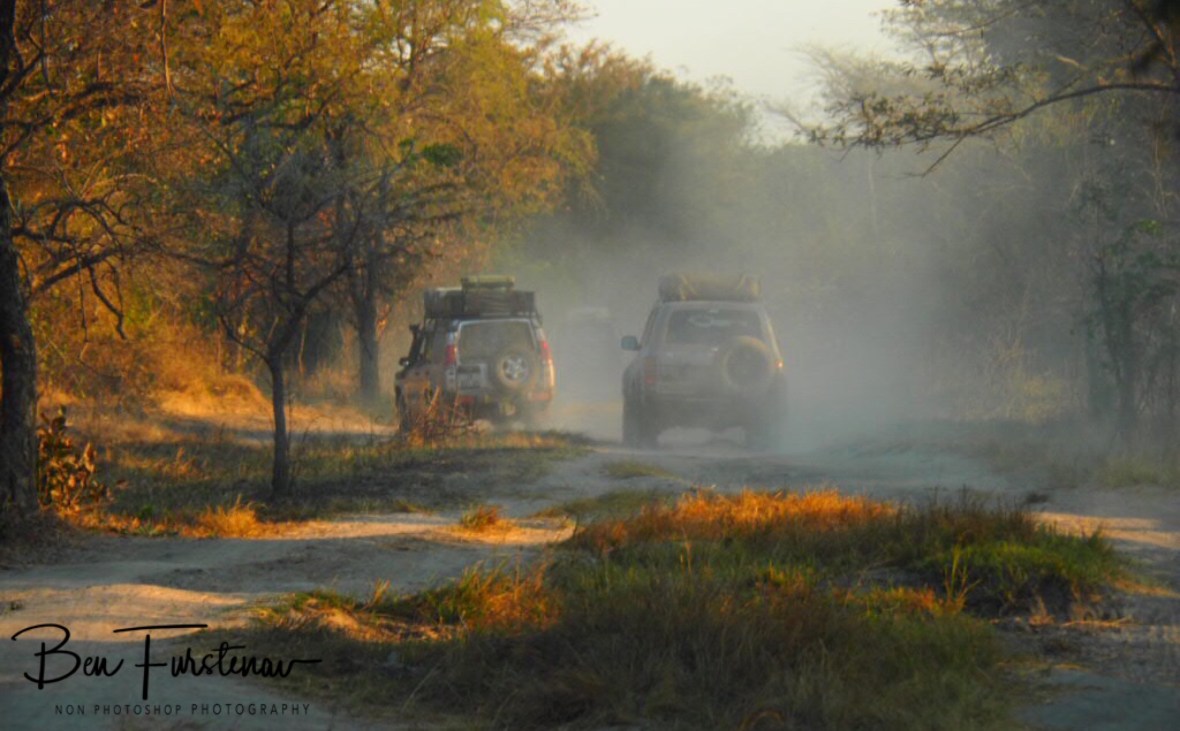 Following dust trails near Blue Lagoon National Park, Zambia 
