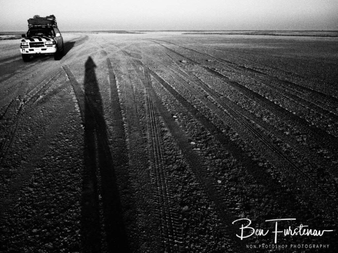 Driving on the moon, Makgadikgadi Salt Pans, Botswana 