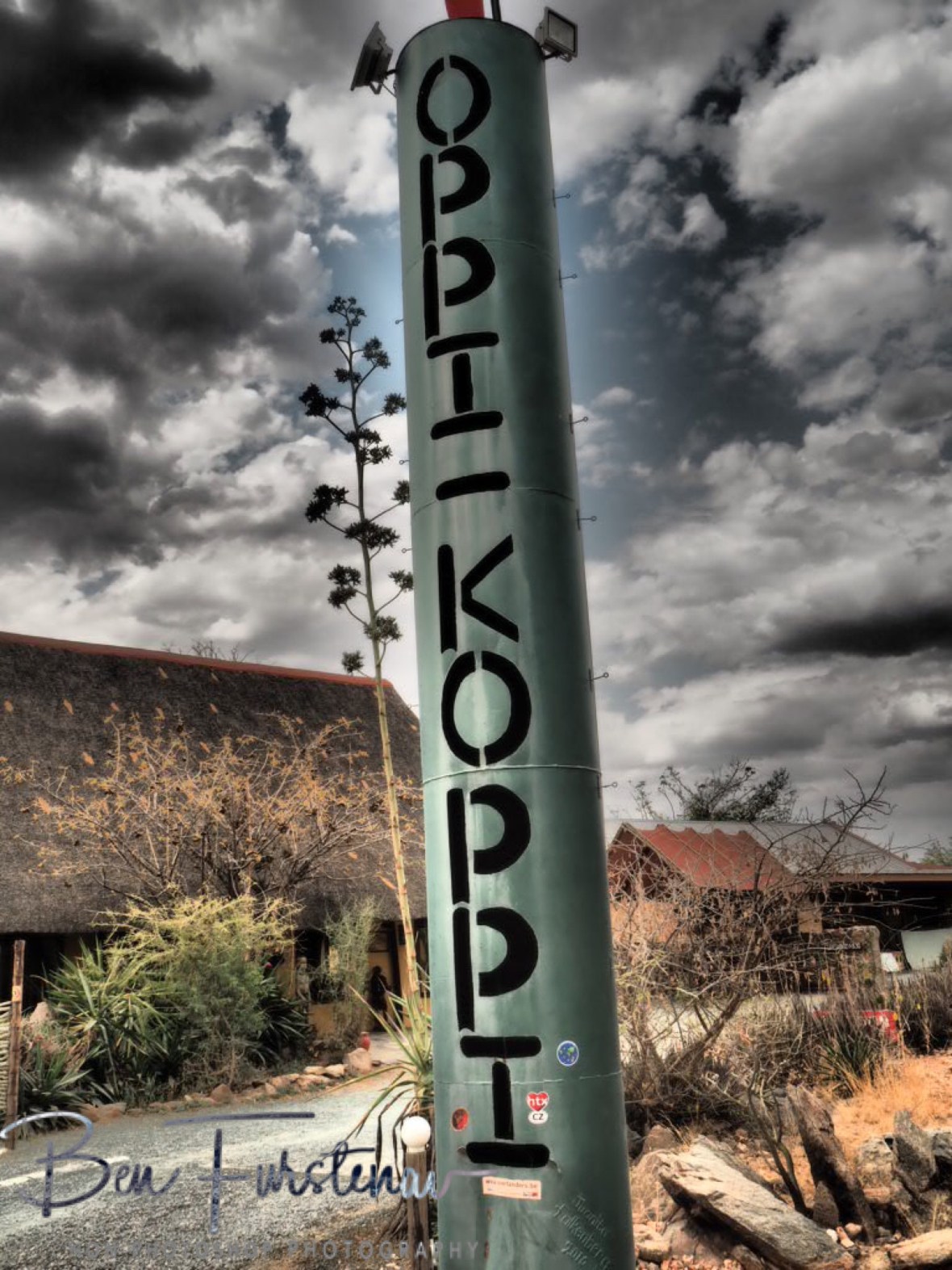 Can’t miss the sign for Oppi Koppi, Kamanjab, Namibia