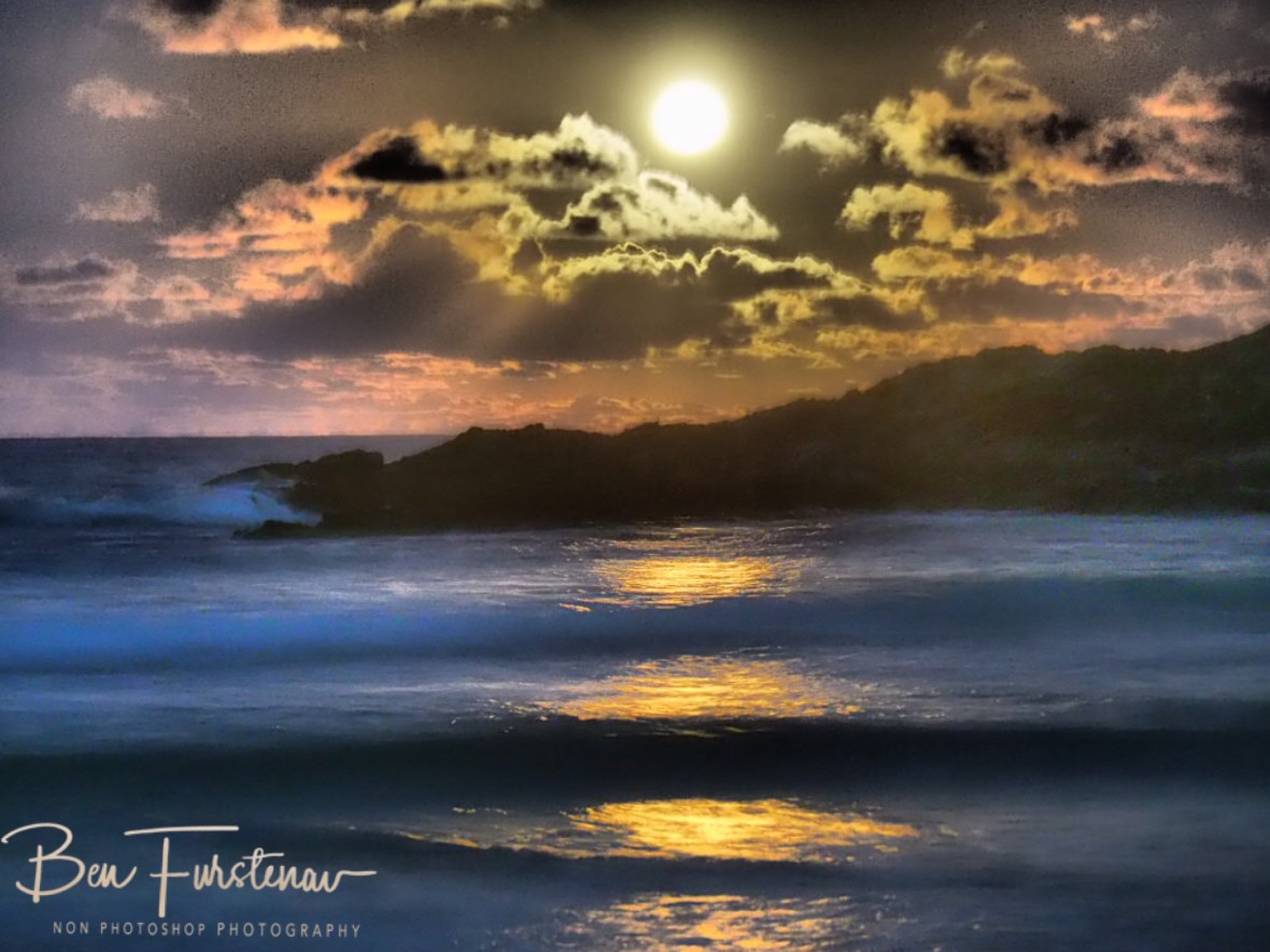 Almost full moon rising over Diggers Beach, New South Wales, Australia 