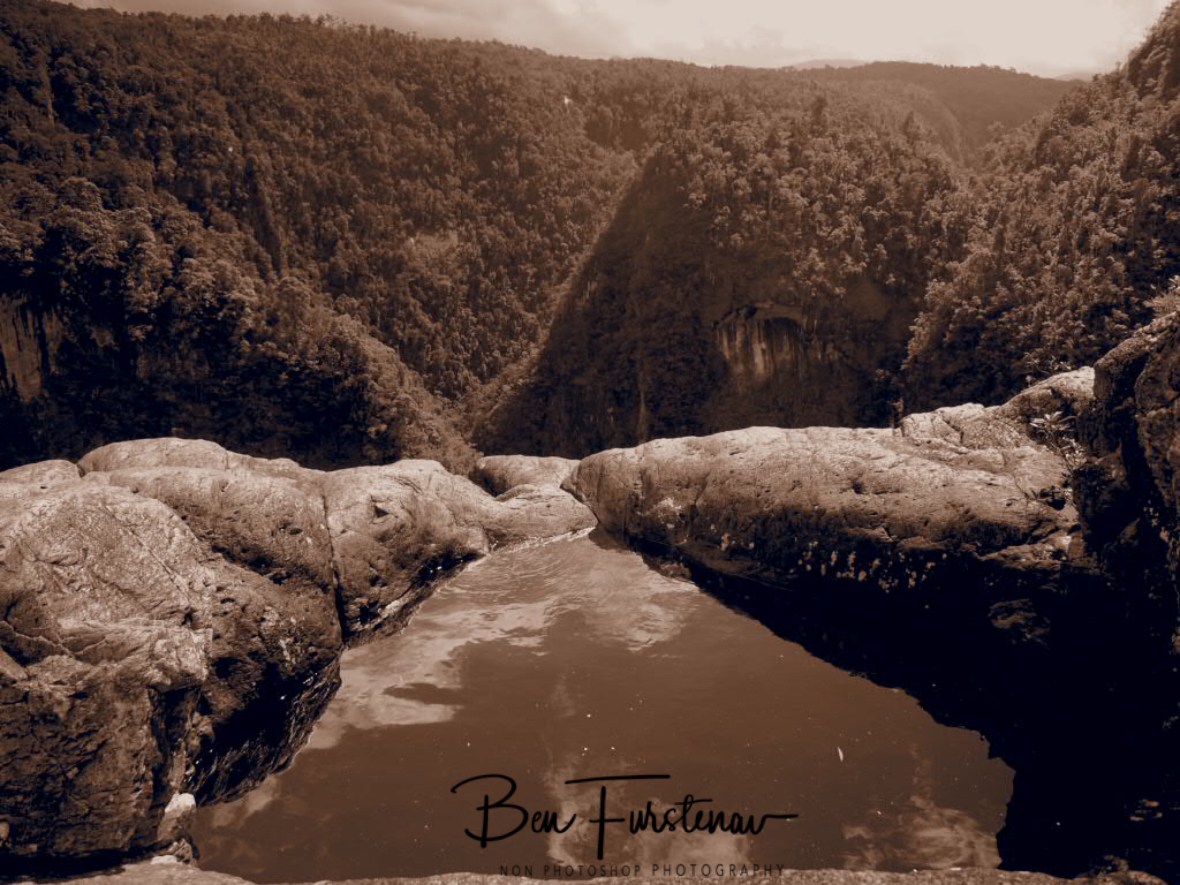 Tully Falls Drop off zone in sepia, Atherton Tablelands, Far North Queensland, Australia